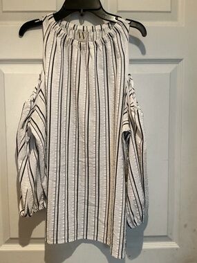 Worthington White Black Vertical-Stripe Cold-Shoulder Tunic